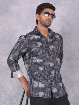 CRIMSOUNE CLUB - Men Grey Floral Print Pure Cotton Shirt