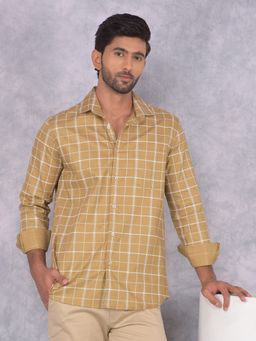 CRIMSOUNE CLUB - Men Khaki Checks Pure Cotton Shirt