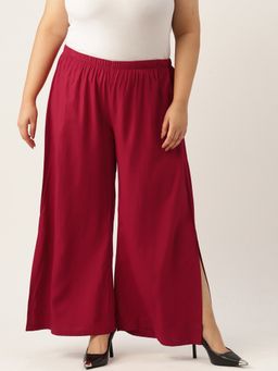 theRebelinme - Plus Size Womens Maroon Solid Wide Leg High Rise Palazzo