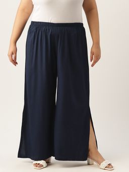 theRebelinme - Plus Size Womens Navy Blue Solid Wide Leg High Rise Palazzo