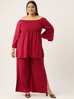 theRebelinme - Plus Size Womens Maroon Solid Smocked Top with Palazzos (Set of 2)