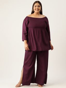 theRebelinme - Plus Size Womens Plum Solid Smocked Top with Palazzos (Set of 2)