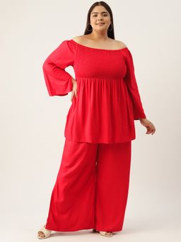 theRebelinme - Plus Size Womens Red Solid Smocked Top with Palazzos (Set of 2)