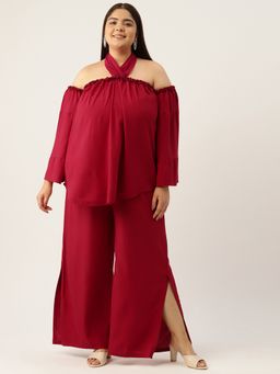 theRebelinme - Plus Size Womens Maroon Solid Halter Neck Top with Palazzo (Set of 2)