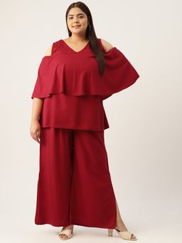 theRebelinme - Plus Size Womens Maroon Solid Cold Shoulder Top with Palazzo (Set of 2)