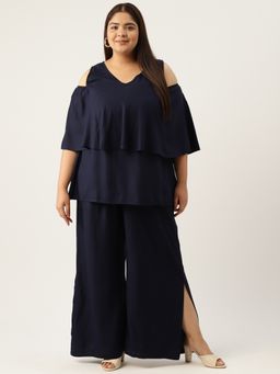 theRebelinme - Plus Size Womens Navy Blue Solid Cold Shoulder Top with Palazzo (Set of 2)