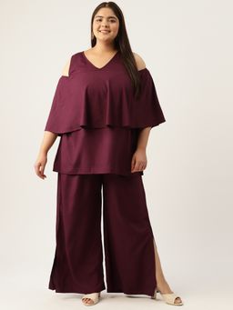 theRebelinme - Plus Size Womens Plum Solid Cold Shoulder Top with Palazzo (Set of 2)
