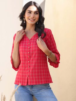 Janasya - Womens Red Pure Cotton Checkered Regular Top