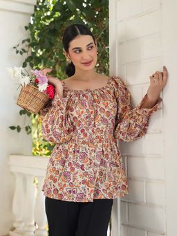 Janasya - Womens Multi-Color Pure Cotton Floral Printed Peplum Top