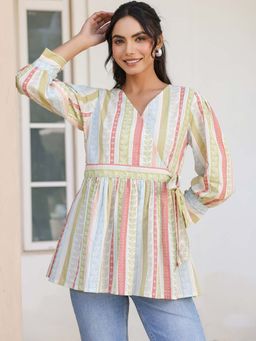 Janasya - Womens Multi-Color Pure Cotton Floral Printed Peplum Top