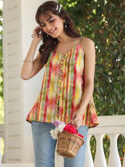Janasya - Womens Multi-Color Pure Cotton Floral Printed A-Line Top
