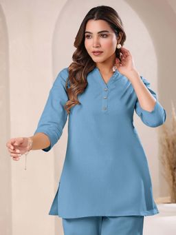Janasya - Womens Light Blue Cotton Solid A-Line Top