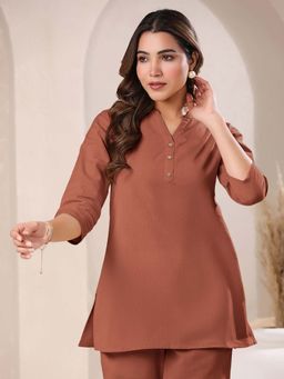 Janasya - Womens Brown Cotton Solid A-Line Top
