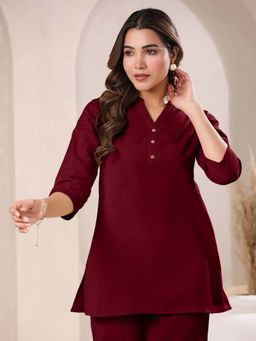Janasya - Womens Maroon Cotton Solid A-Line Top