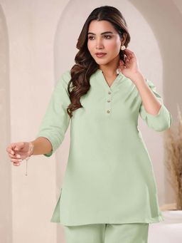 Janasya - Womens Mint Green Cotton Solid A-Line Top