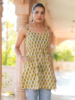 Janasya - Womens Cream and Yellow Floral Printed Kurti