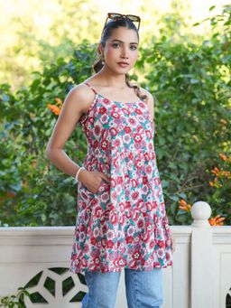 Janasya - Womens Multi-Color Floral Printed Tiered Kurti