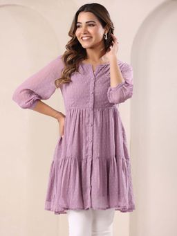 Janasya - Womens Lavender Dobby Chiffon Self Design Tiered Kurti