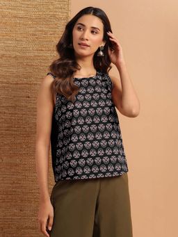 Janasya - Womens Black Pure Cotton Floral Printed Top