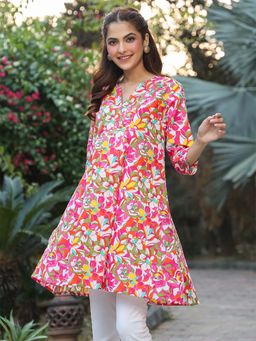 Janasya - Womens Multi-Color Pure Cotton Floral Printed A-Line Kurti