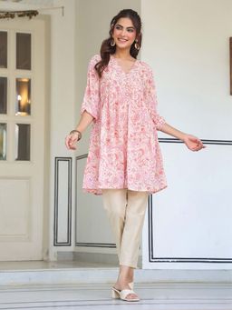 Janasya - Womens Pink Georgette Floral Printed Kurti