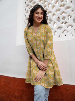 Janasya - Womens Mustard Georgette Floral Printed A-Line Kurti