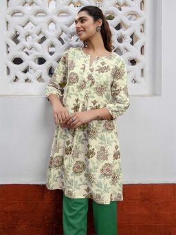 Janasya - Womens Green Pure Floral Printed A-Line Kurti