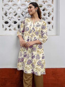 Janasya - Womens Purple and Cream Floral Printed A-Line Kurti