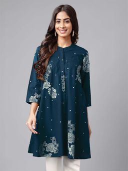 Janasya - Womens Teal Pure Cotton Floral Printed A-Line Kurti