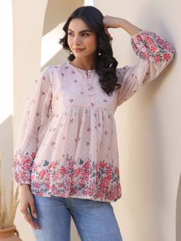 Janasya - Womens Peach Georgette Floral Print Flared Top
