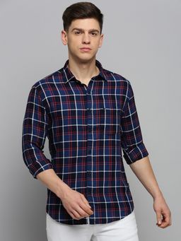 SHOWOFF - Mens Spread Collar Checked Navy Blue Classic Shirt