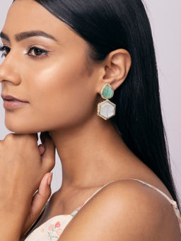 Indya - Gold Green Multi Shape Kundan CZ Drop Earrings