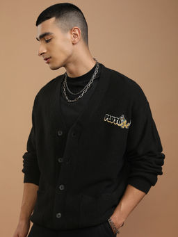 HIGHLANDER - Men Black Pluto Textured Ribbed Cardigan Sweater