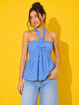 Buynewtrend - Women’s Blue Gingham Check Peplum Top