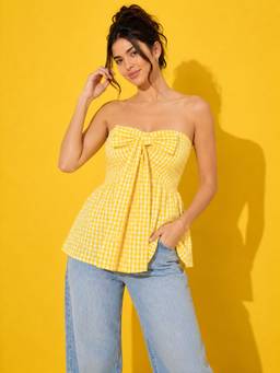 Buynewtrend - Women’s Yellow Gingham Check Peplum Top