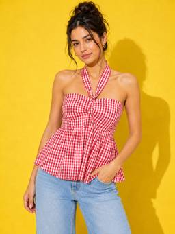 Buynewtrend - Women’s Red Gingham Check Peplum Top