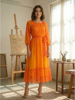 Souchii - Mustard Printed Smocked Chiffon Midi Dress