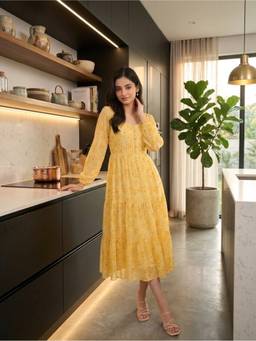 Souchii - Women’s Yellow Floral Printed Midi Dress