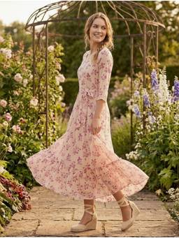 Souchii - Women’s Beige Floral Print Chiffon Maxi Dress