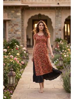 Souchii - Women's Floral Printed Layered Black Midi Dress