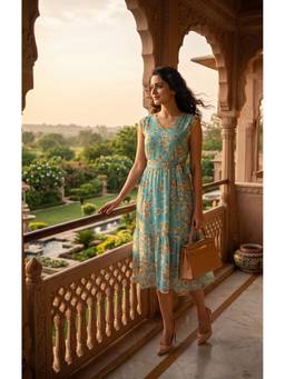 Souchii - Women's Blue Floral Printed Chiffon Midi Dress With Belt