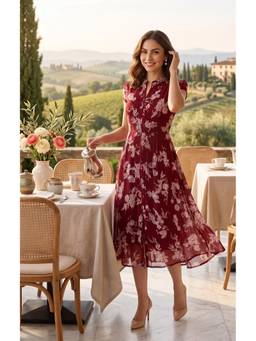 Souchii - Women's Maroon Floral Printed Chiffon Midi Dress