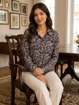 NOBARR - Women's Floral Print Full Sleeve Black Shirt
