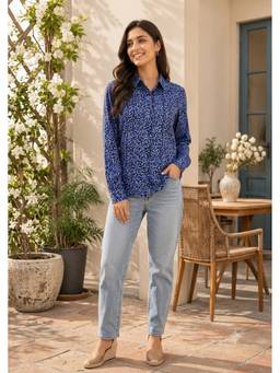 NOBARR - Women's Floral Print Full Sleeve Blue Shirt