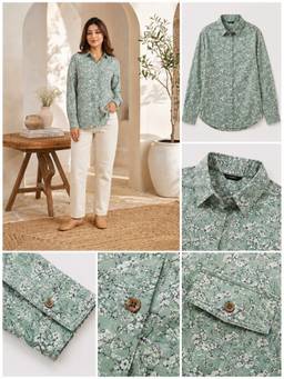 NOBARR - Women's Floral Print Full Sleeve Green Shirt