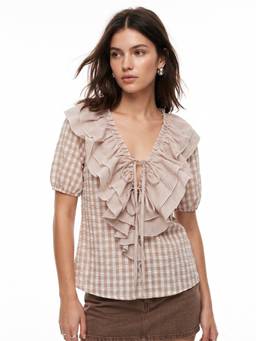 Outzidr - Beige Contrast Plunge Neck Checkered Top