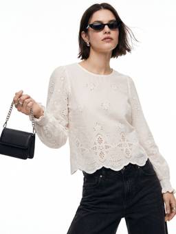 Outzidr - White Round Neck Schiffli Embroidered Top
