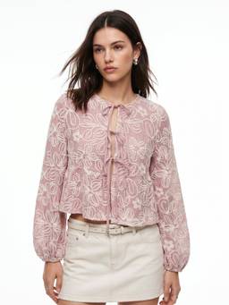 Outzidr - Mauve Embroidered Front Tie Up Detail Top