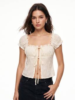 Outzidr - White Self Design Front Open Tie Up Top