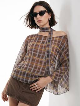 Outzidr - Brown Boat Neck Flouncy Checkered Top